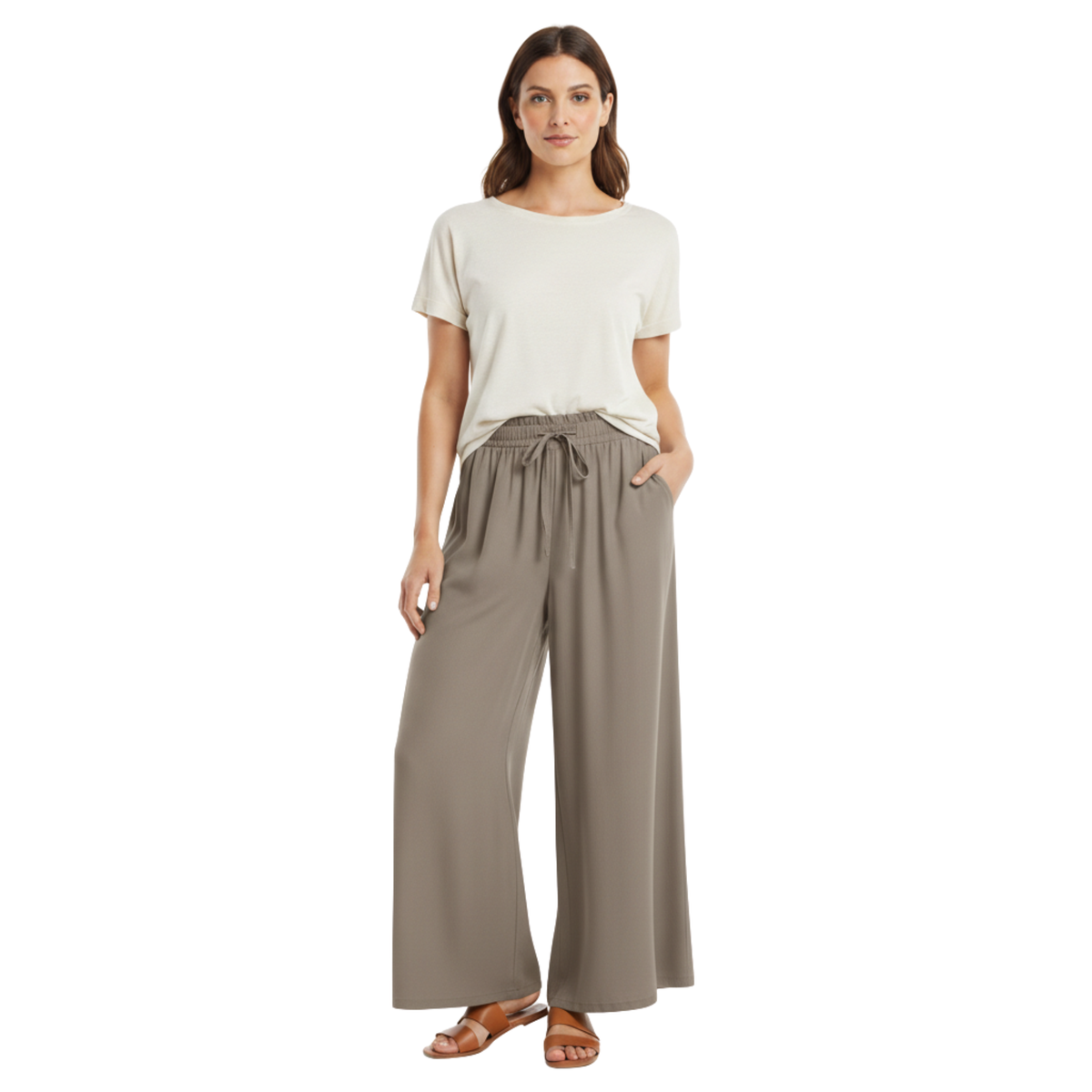 Pantalone Ampio a Gamba Larga da Donna con Vita Elastica e Tasche