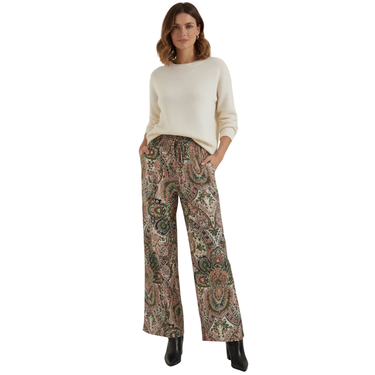 Pantalone Largo Stampa Cachemire a Vita Alta Elastica da Donna