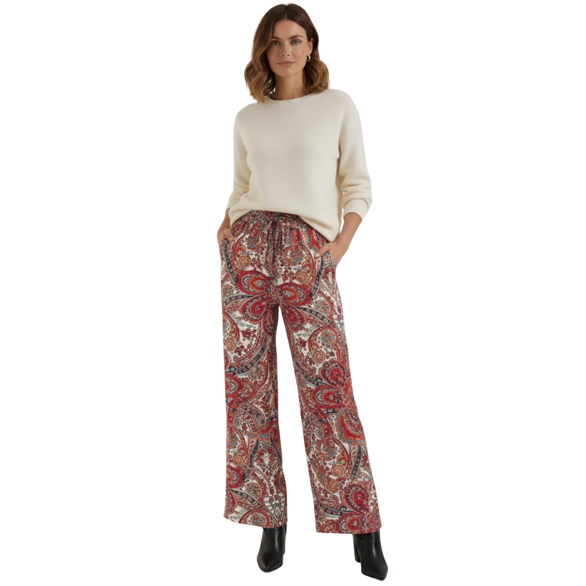 Pantalone Largo Stampa Cachemire a Vita Alta Elastica da Donna