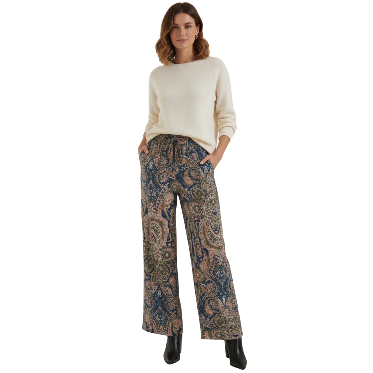 Pantalone Largo Stampa Cachemire a Vita Alta Elastica da Donna