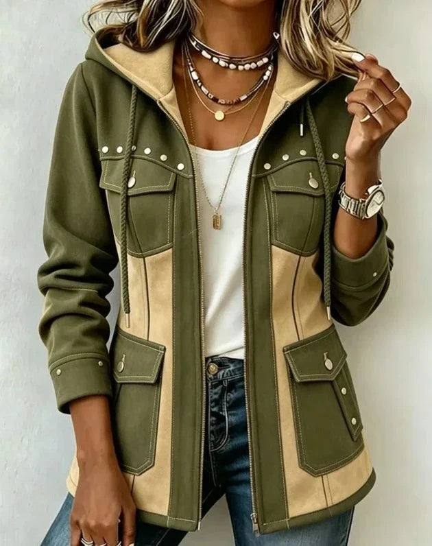 Veronica | Giacca con Cappuccio Bimateriale Verde Oliva e Beige