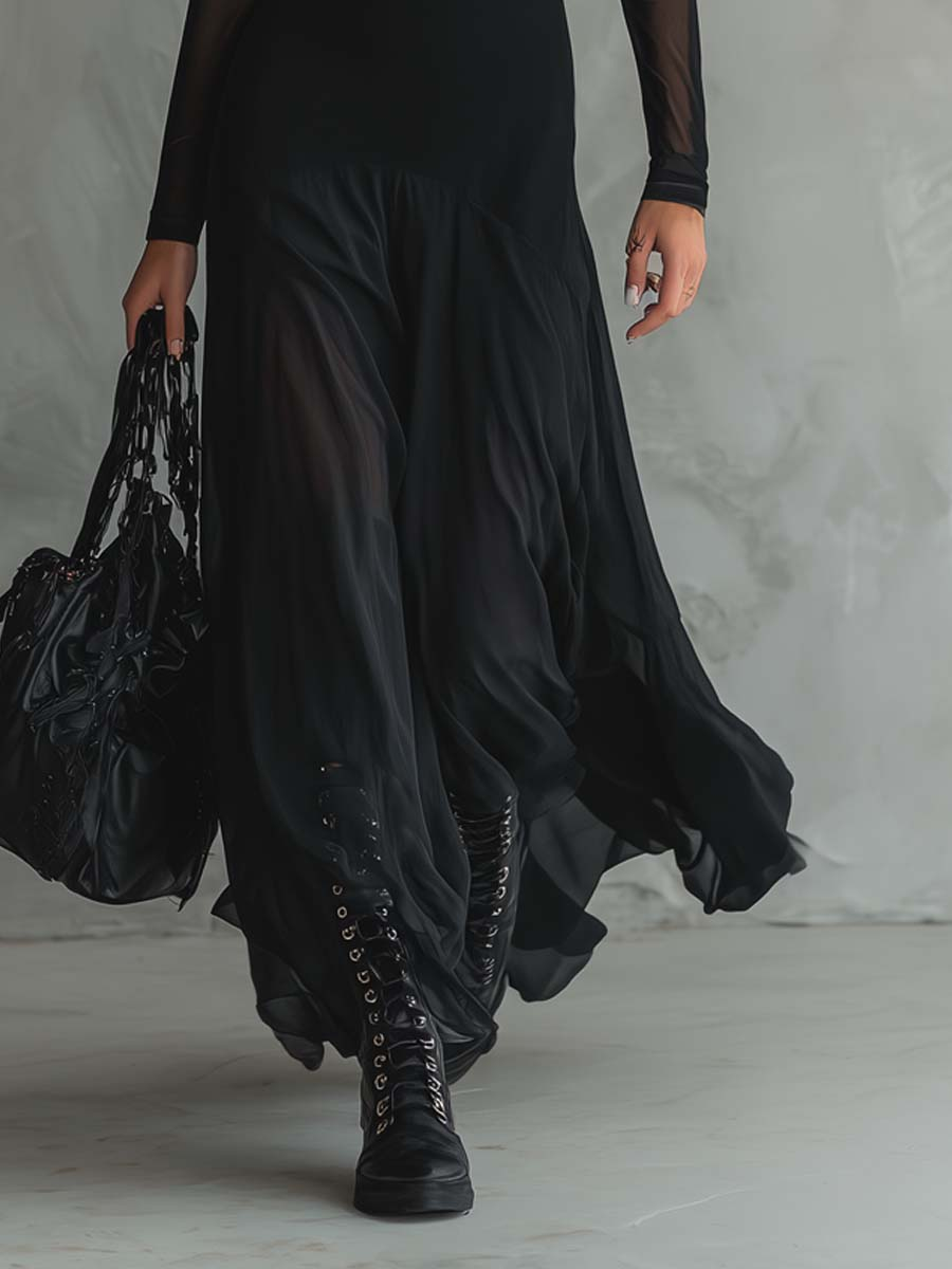 Noemi | Abito Maxi Svasato in Tulle Nero