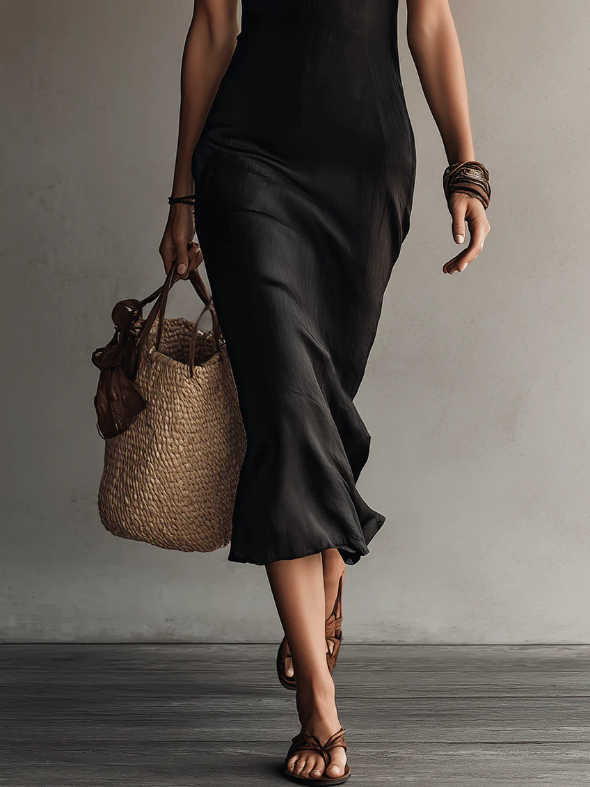 Adriana | Abito Midi Nero Smanicato con Bordi in Pizzo