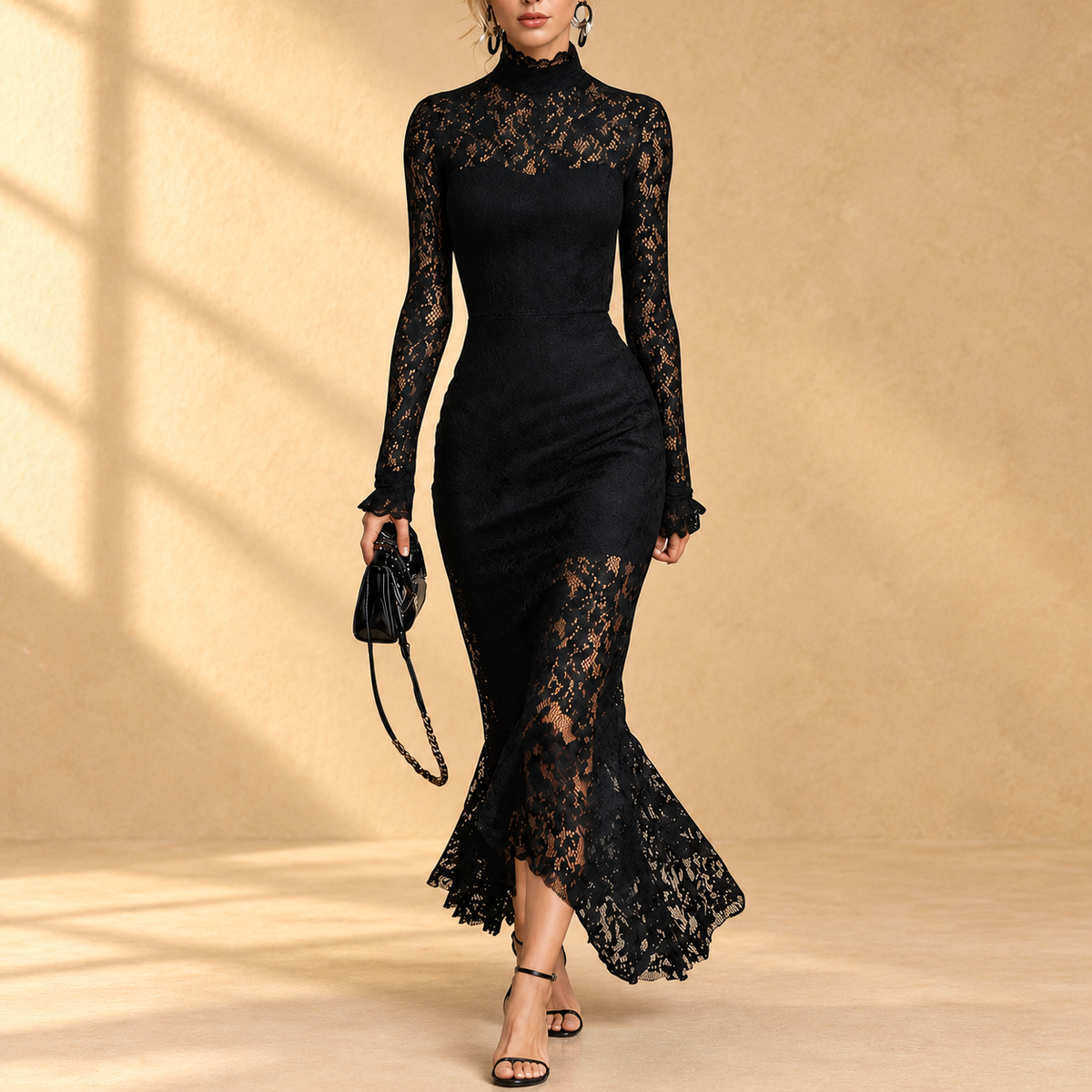 Arabella | Abito da Sera in Pizzo Nero con Collo Alto
