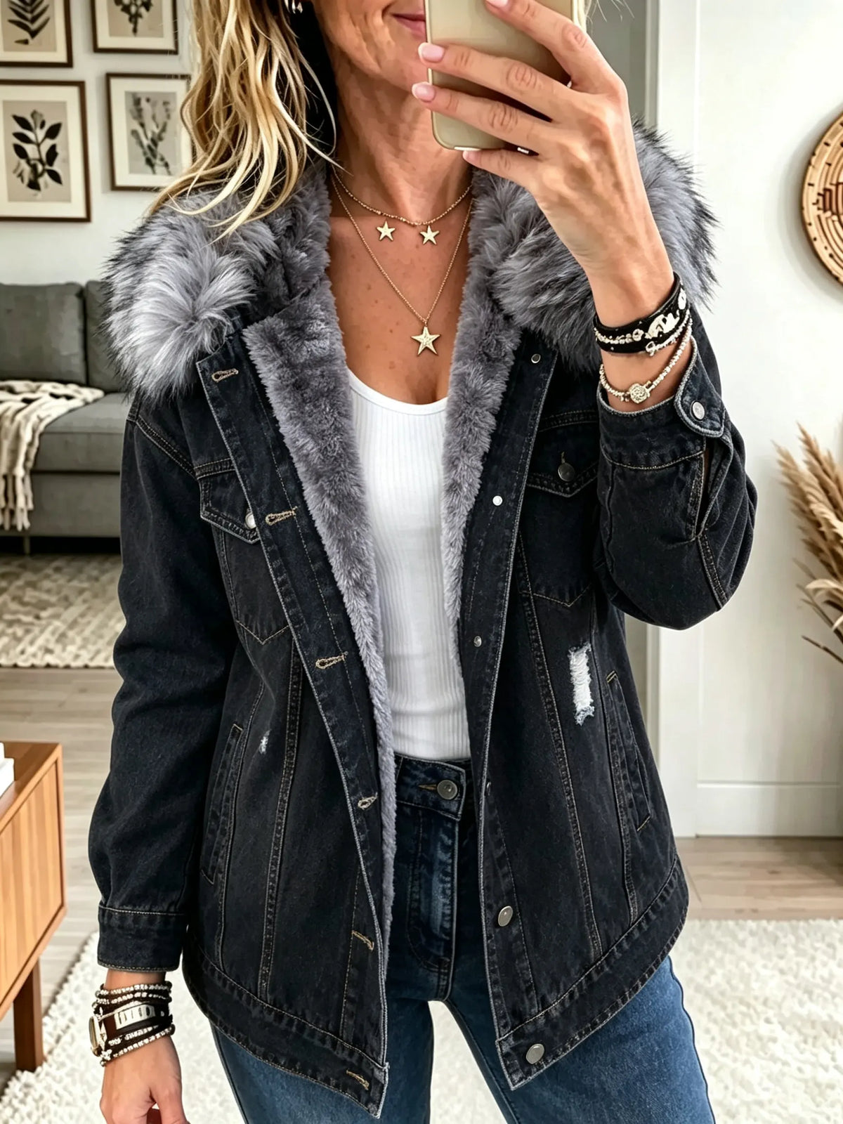 Honora | Giacca di Jeans Foderata con Collo in Ecopelliccia