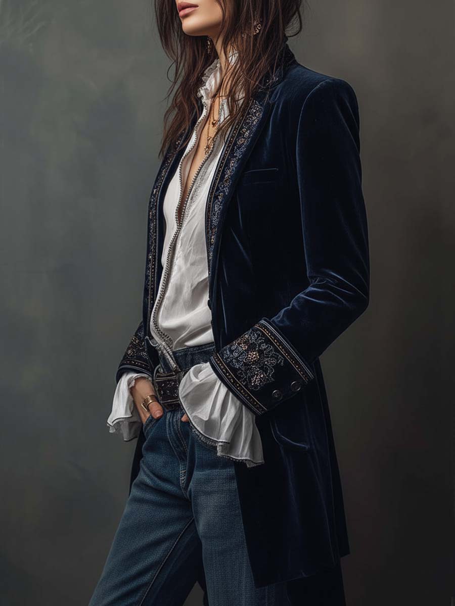 Octavia | Giacca Lunga Ricamata Blu Navy