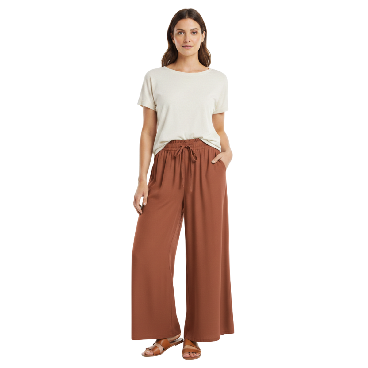 Pantalone Ampio a Gamba Larga da Donna con Vita Elastica e Tasche