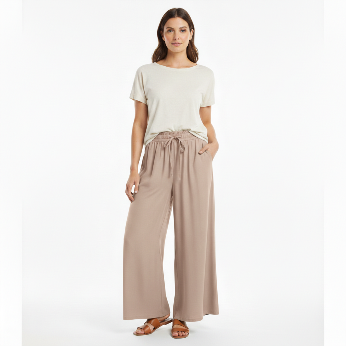 Pantalone Ampio a Gamba Larga da Donna con Vita Elastica e Tasche
