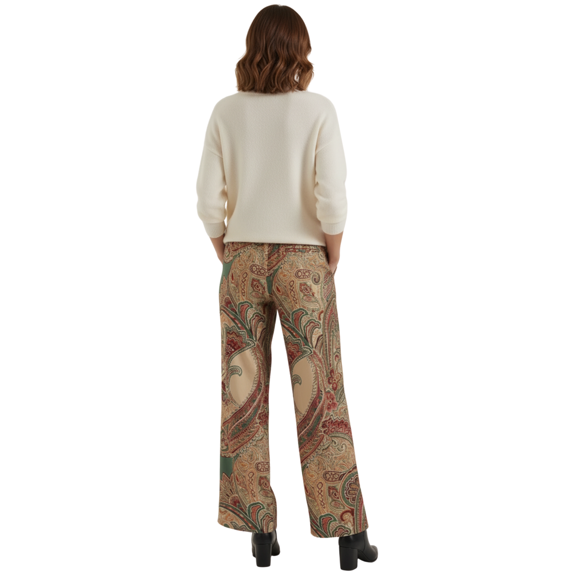 Pantalone Largo Stampa Cachemire a Vita Alta Elastica da Donna