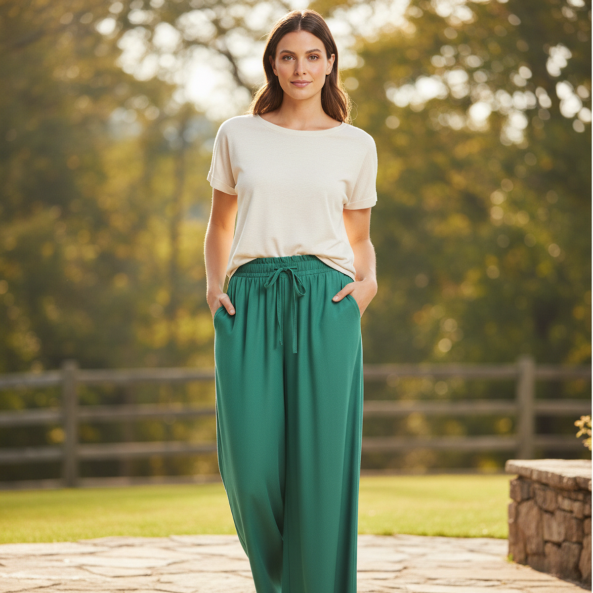 Pantalone Ampio a Gamba Larga da Donna con Vita Elastica e Tasche
