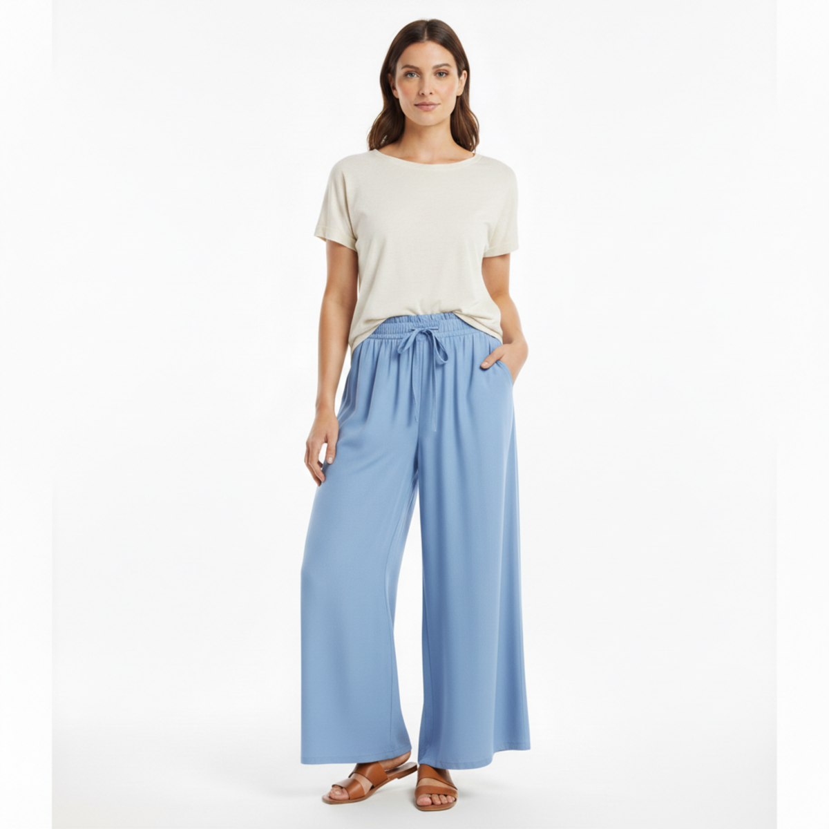 Pantalone Ampio a Gamba Larga da Donna con Vita Elastica e Tasche