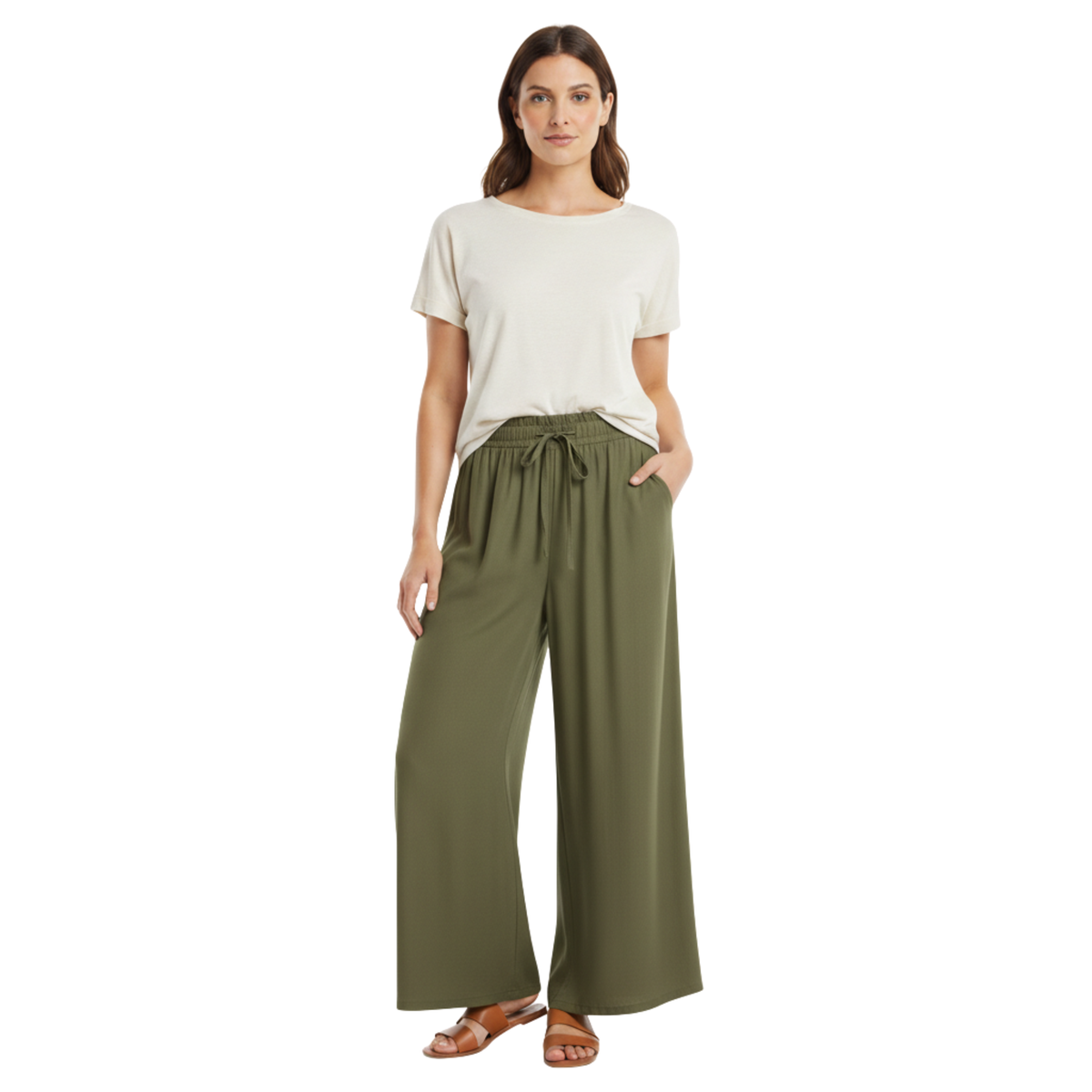 Pantalone Ampio a Gamba Larga da Donna con Vita Elastica e Tasche