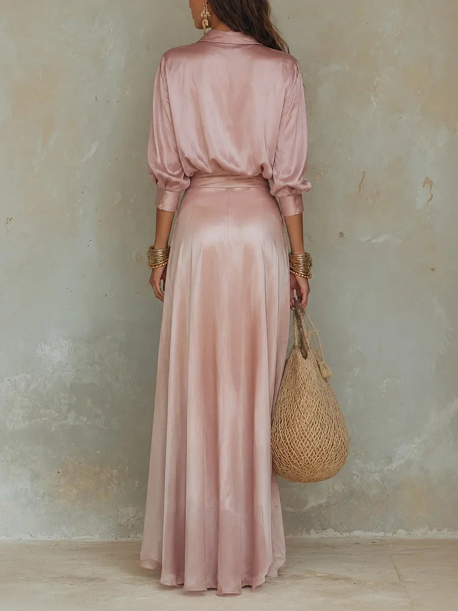 Rosalind | Two-piece satin set with button shirt and tie-waist maxi skirt