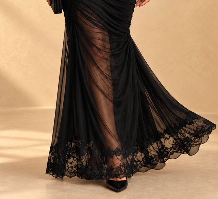 Vivienne | Black lace maxi dress with deep V-neck and mermaid skirt