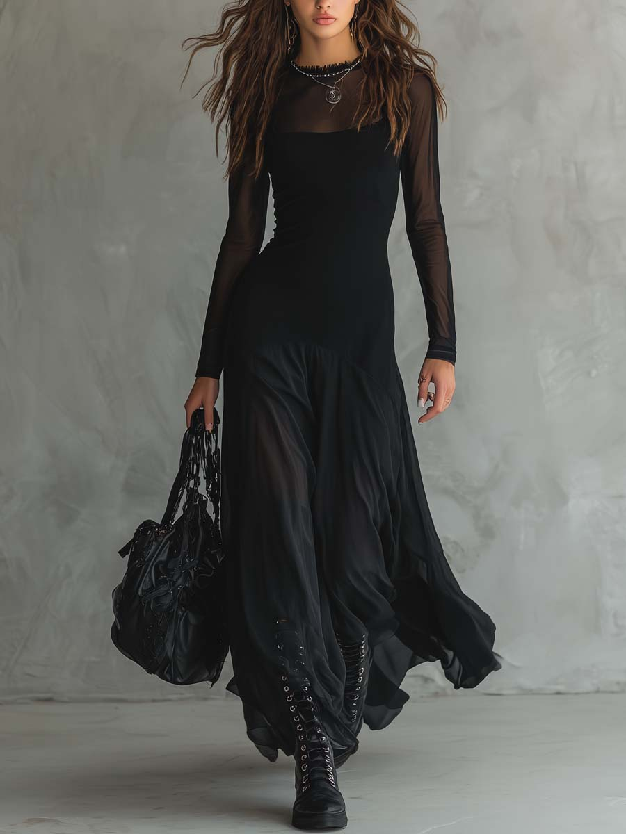 Noemi | Abito Maxi Svasato in Tulle Nero