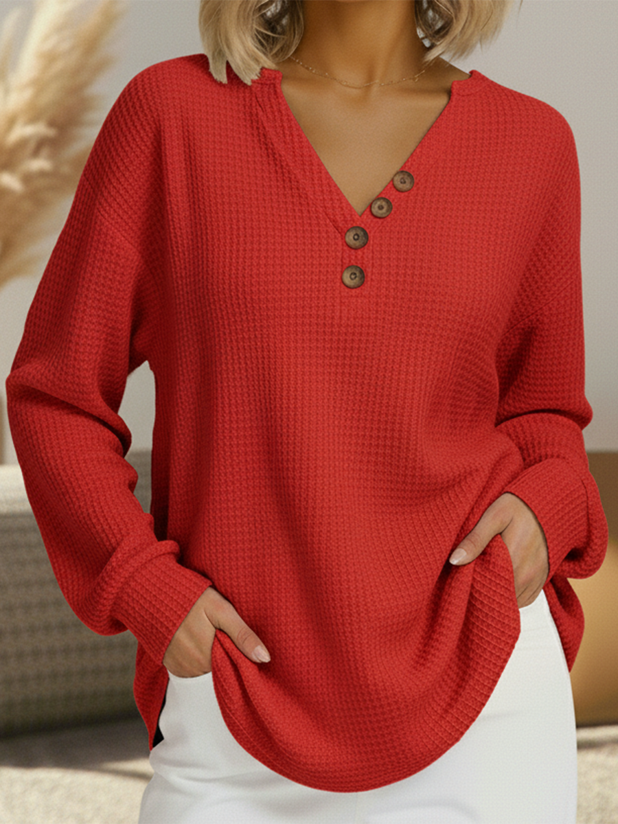 Signe | Maglia a Nido d’Ape con Scollo a V e Bottoni