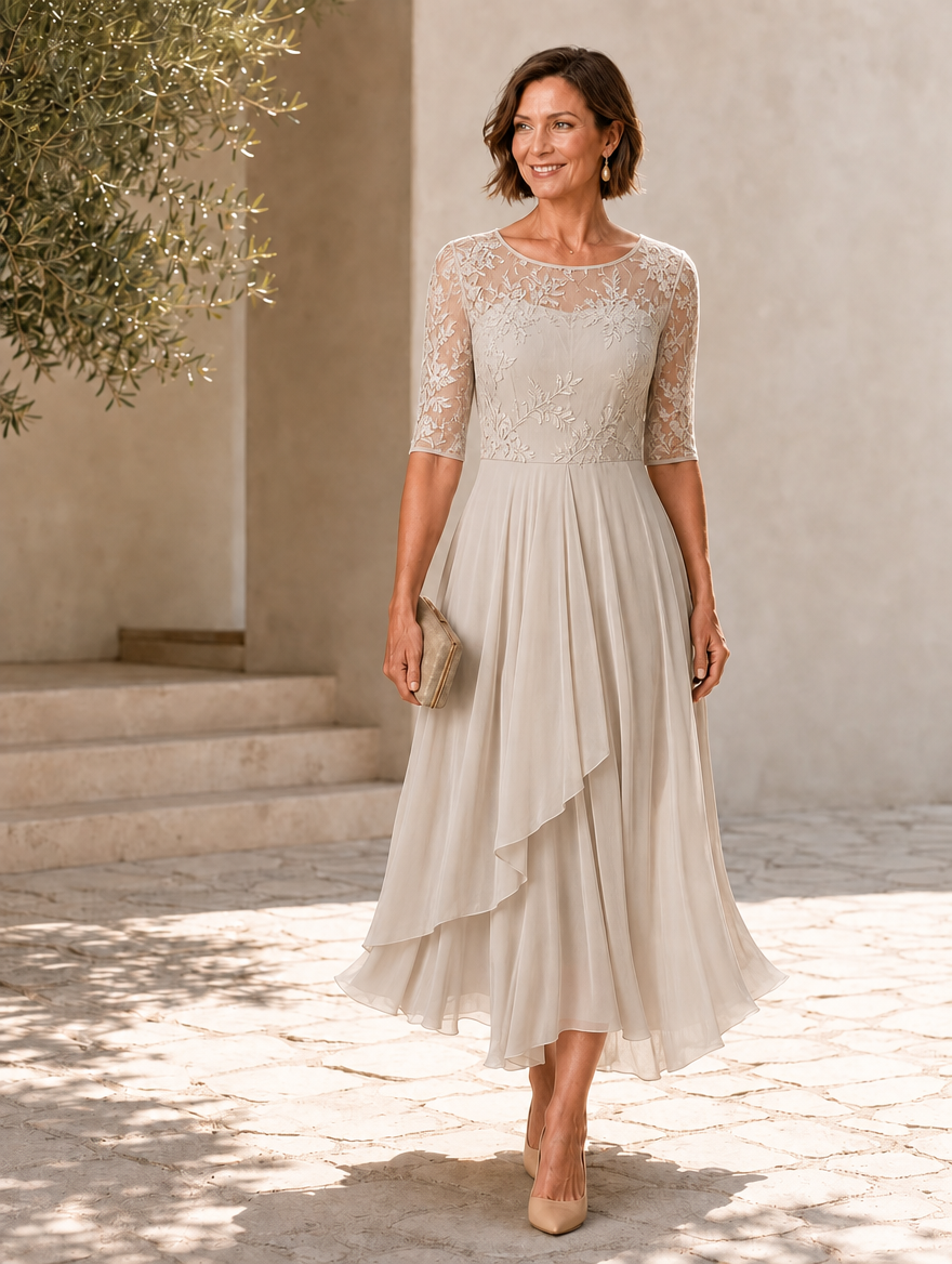 Rosa | Lace midi dress with layered chiffon skirt
