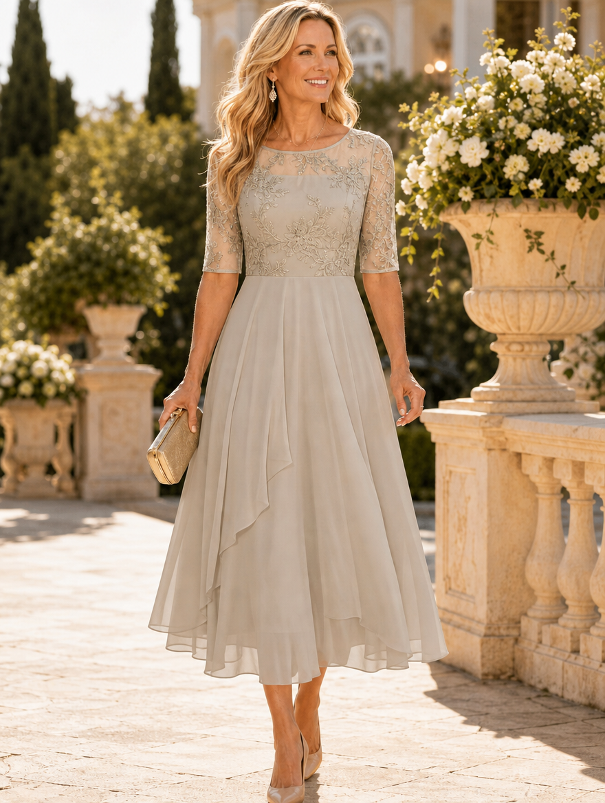 Rosa | Lace midi dress with layered chiffon skirt