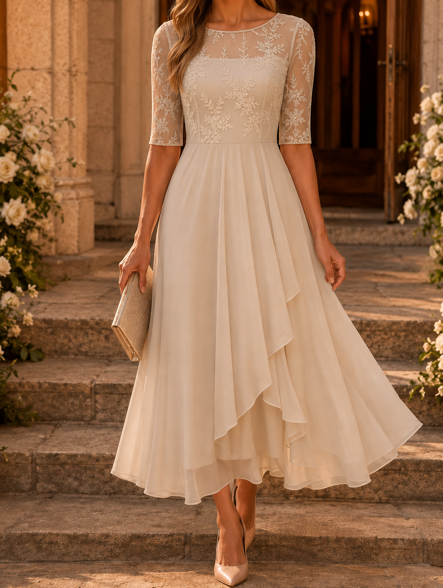 Rosa | Lace midi dress with layered chiffon skirt