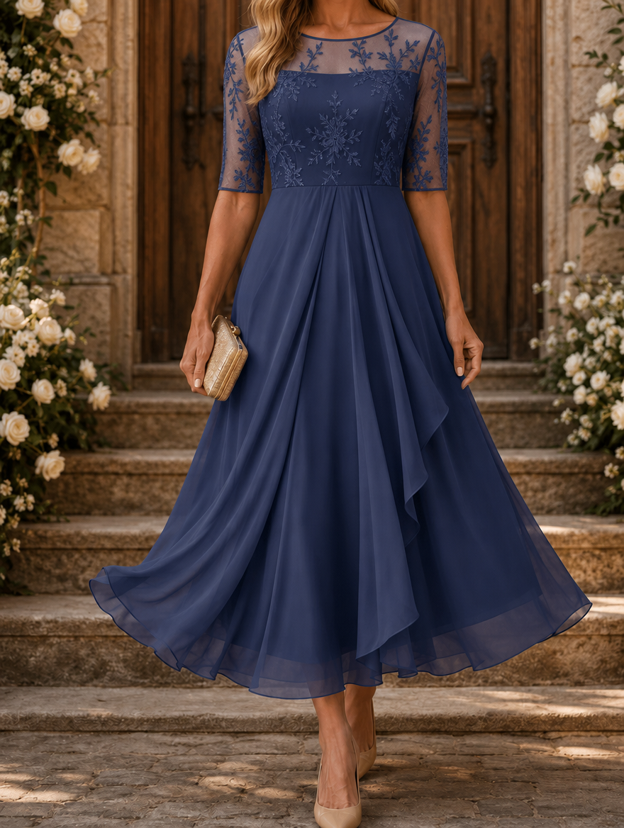 Rosa | Lace midi dress with layered chiffon skirt