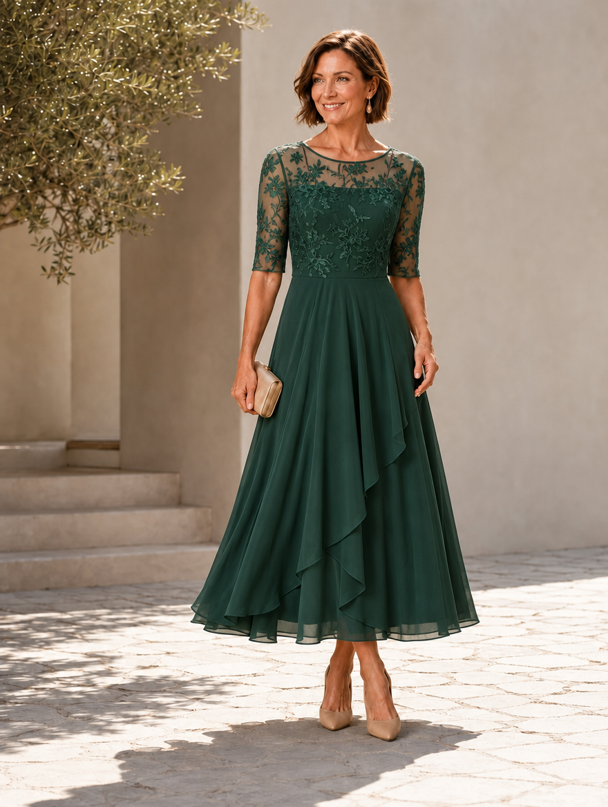 Rosa | Lace midi dress with layered chiffon skirt