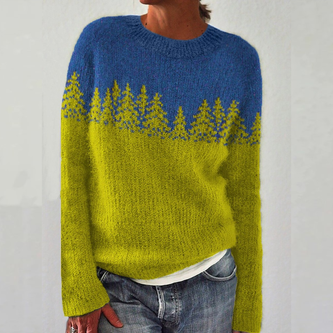 Ricarda | Maglione Lime con Abeti e Cielo Blu