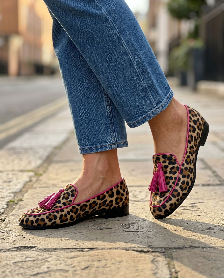 Fiamma | Mocassino Leopardato con Profilo e Nappine Fucsia
