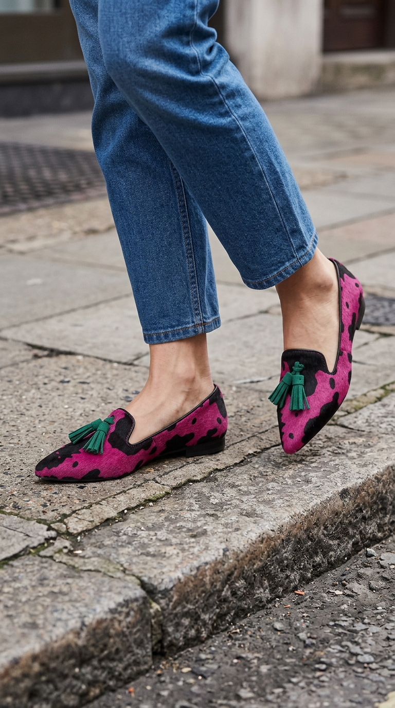 Flora | Mocassino Mucca Fucsia con Nappine Verdi