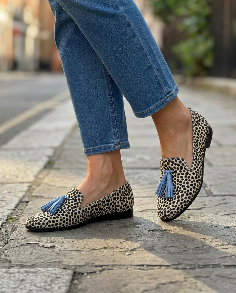Mafalda | Mocassino Leopardato Bianco e Nero con Nappine Azzurre