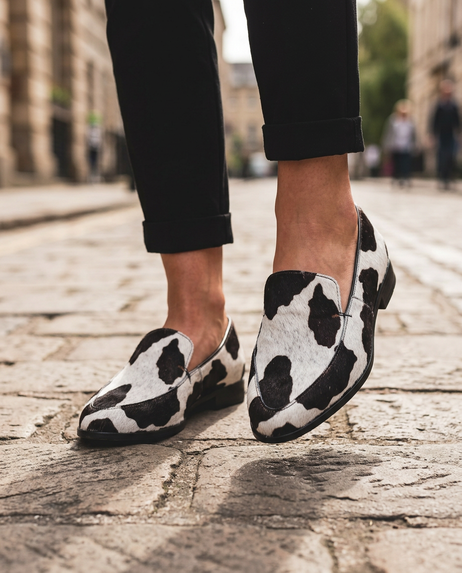 Bruna | Mocassino Stampa Mucca con Suola Rossa