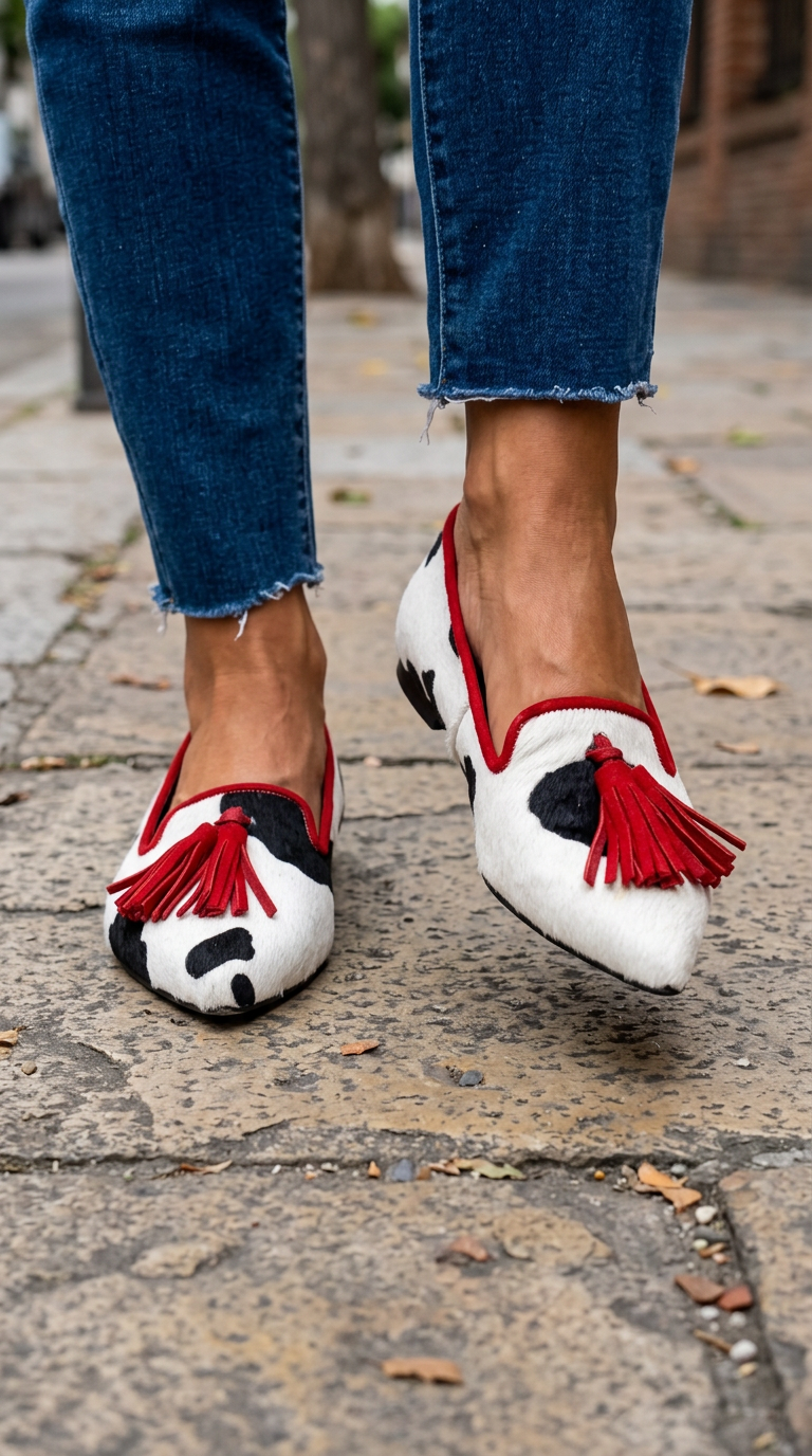 Rossella | Mocassino Stampa Mucca con Nappine Rosse