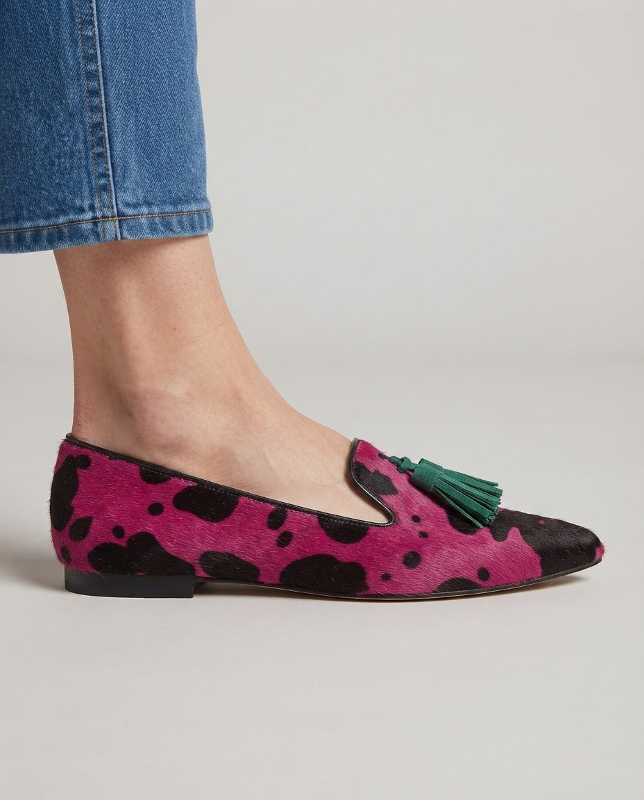 Flora | Mocassino Mucca Fucsia con Nappine Verdi