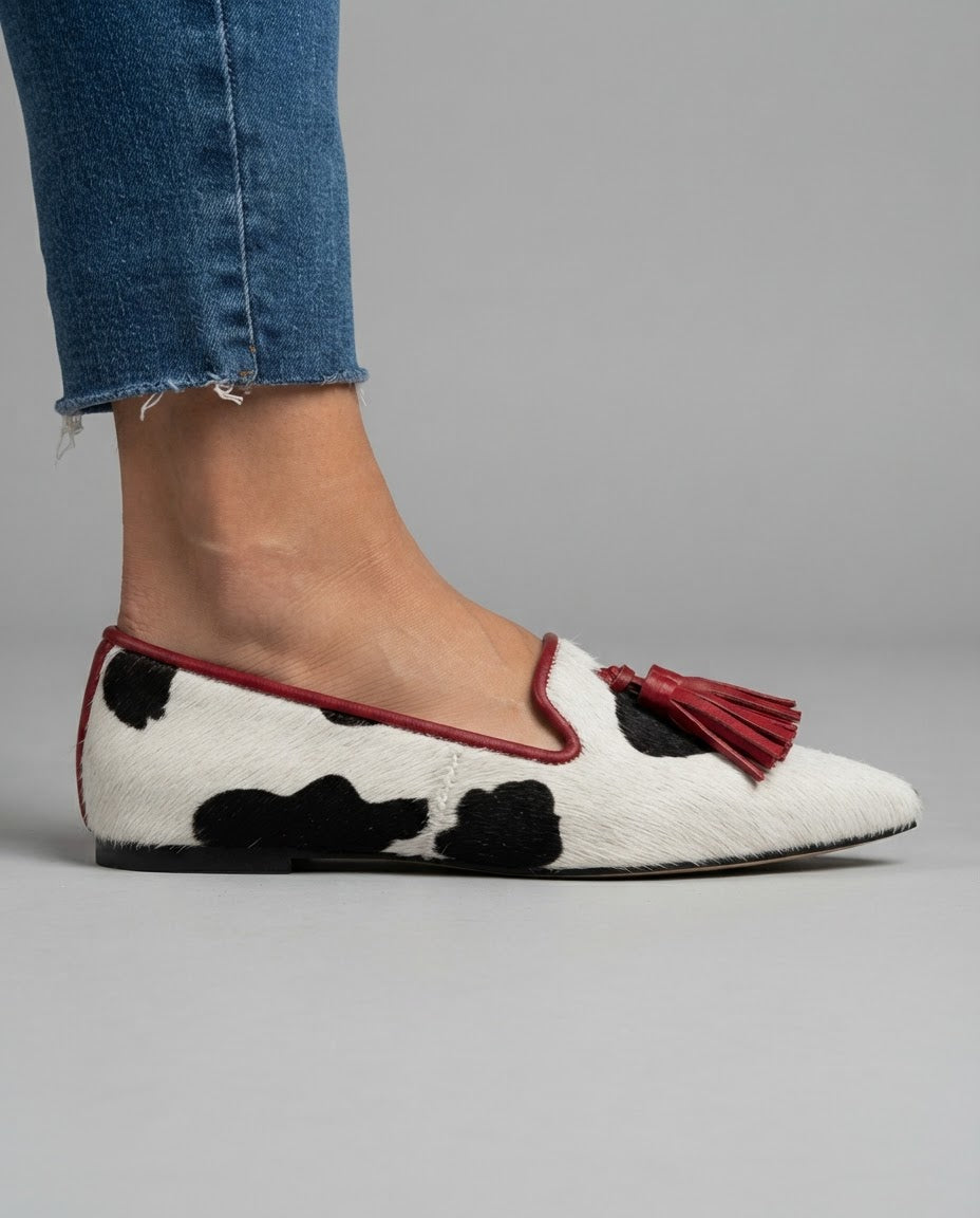 Rossella | Mocassino Stampa Mucca con Nappine Rosse