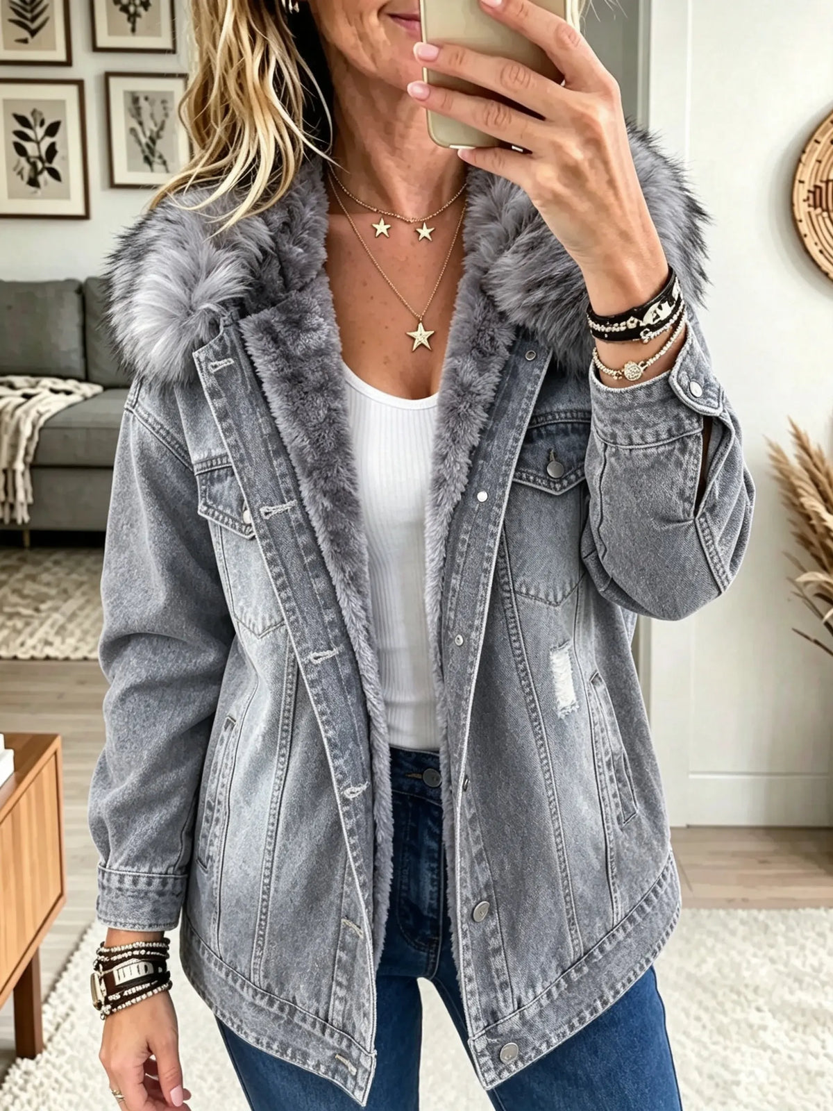 Honora | Giacca di Jeans Foderata con Collo in Ecopelliccia
