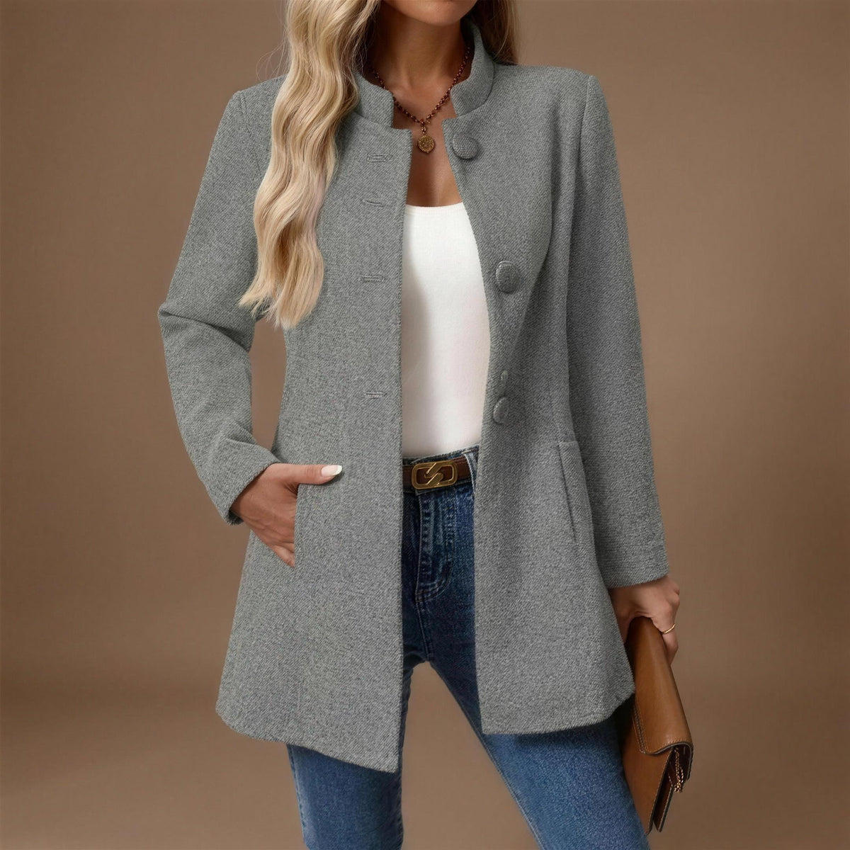 Vera | Giacca Elegante con Collo alla Coreana – Grigio